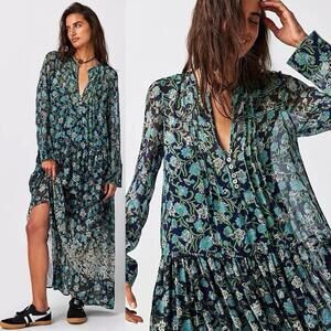 Free People Akari Dress Womens XS Blue Green Floral Boho Sheer Maxi Long Sleeve